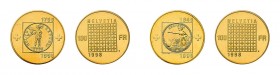 2 Goldmünzen Schweiz. 100 Franken 1998 zur 200 Jahrfeier der Helvetischen Republik sowie 100 Franken 1998 zur 150 Jahrfeier des SchweizerischenBundess...