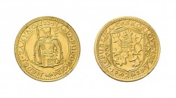 2 Dukaten 1923, Kremnitz. St. Wenzel. Selten. Nur 4'000 Exemplare geprägt. Leichte Fassungsspuren.
