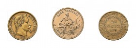 3 Goldmünzen Europa. Dabei 1 Tscherwonez 1979 und 2 x 20 Francs Frankreich 1862 Napoleon III. und 1877. Zusammen ca. 19,3 g.f.