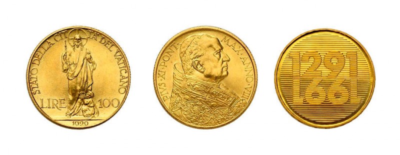 4 Goldmünzen Europa. Dabei 2 x 250 CHF 1991 Schweiz, 1 x 100 Lire 1929 und Vatik...