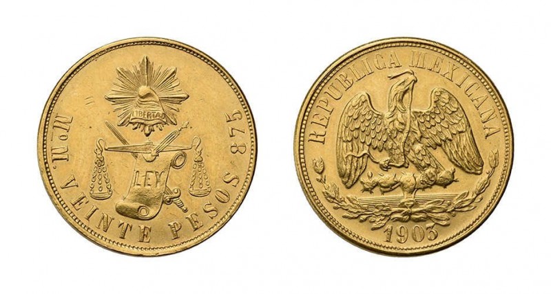 2 Goldmünzen Mexiko. 20 Pesos 1903, selten, Fr. 119. Dazu 20 Pesos 1918. Zusamme...