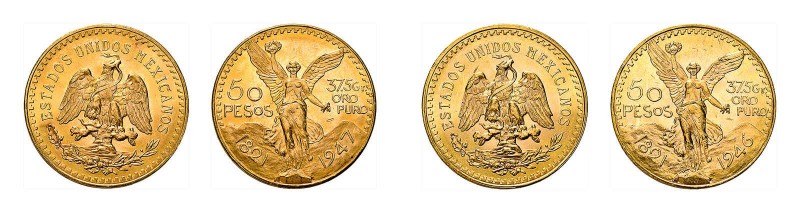 50 Peso Goldmünze von Mexiko der Jahre 1946 und 1947 Insgesamt 20 Exemplare der ...