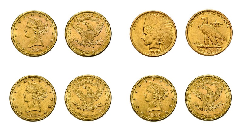 4 x 10 Dollar Goldmünzen USA. Dabei 3 x Liberty Head 1882, 1884 S, 1888 S und In...