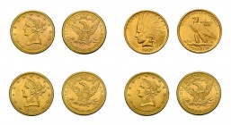 4 x 10 Dollar Goldmünzen USA. Dabei 3 x Liberty Head 1882, 1884 S, 1888 S und Indian Head 1907. Zusammen ca. 60,1 g.f.