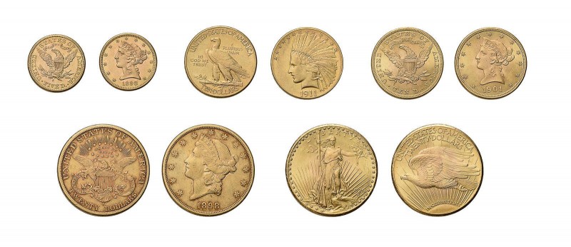 5 Goldmünzen USA. Dabei 5 Dollar 1898 S, 10 Dollar 1901, 20 Dollar 1898 S und 20...
