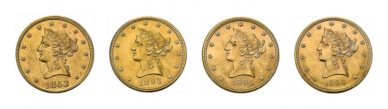 14 x 10 Dollar Liberty Head USA. Dabei 1853, 2 x 1881, 1892, 2 x 1893, 6 x 1894,...