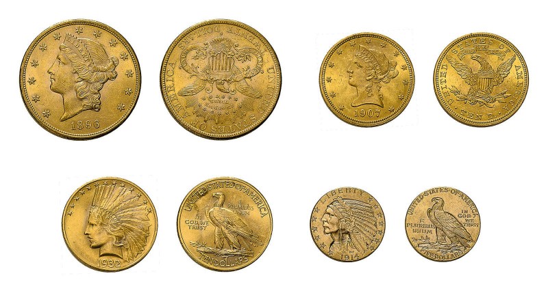 19 Goldmünzen USA. Dabei 12 x 20 Dollar, 4 x 10 Dollar mit 1 x 1932 Indian Head,...