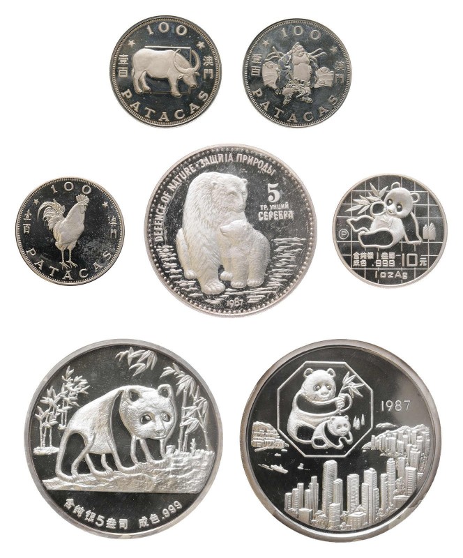 * Kleine Partie China mit 7 gesuchten Münzen. Dabei 5 Unzen Silber Panda 1987 au...