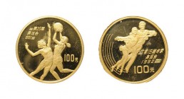 2 Goldmünzen China. 1 x 100 Yuan 1990 Olympia Frauen-Basketball, 1 x 100 Yuan 1991 Olympia Albertville Paarlauf. Zusammen ca. 20,7 g.f.
