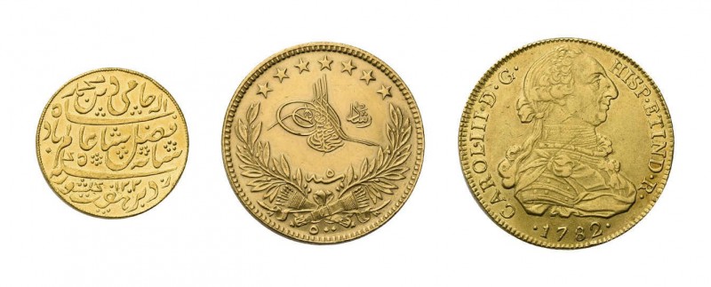 8 Goldmünzen alle Welt. Dabei u.a. 8 Escudos 1782 ME-MI, Lima und 6 Goldmünzen a...