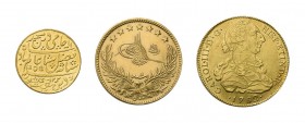 8 Goldmünzen alle Welt. Dabei u.a. 8 Escudos 1782 ME-MI, Lima und 6 Goldmünzen aus der islamischen Welt u.a. 10 Francs 1891 Tunesien, 500 Kurush Osman...