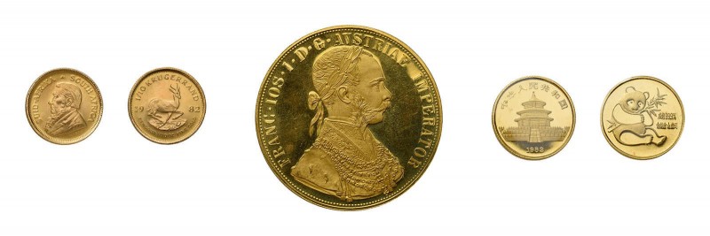 23 Goldmünzen alle Welt. Dabei China 1/10 Unze 1982 Panda, Österreich 3 x 1 Duka...