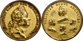 Indian Peace Medals
1693 Louis XIV Felicitas Domus Augustae medal. Copper, Gilt. Betts-Unlisted, types similar to Betts-75. Extremely Fine.
41.1 mm....