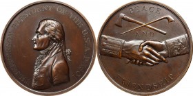 Indian Peace Medals
“1801” (circa 1840s) Thomas Jefferson Indian Peace Medal. Copper, Bronzed. First Size. Original Dies. Julian IP-2, Prucha-38. MS-...