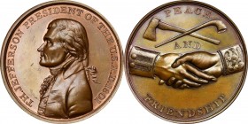Indian Peace Medals
“1801” (circa 1860s?) Thomas Jefferson Indian Peace Medal. Bronze. Third Size. Original Dies. Julian IP-4, Prucha-39. MS-64 BN (N...