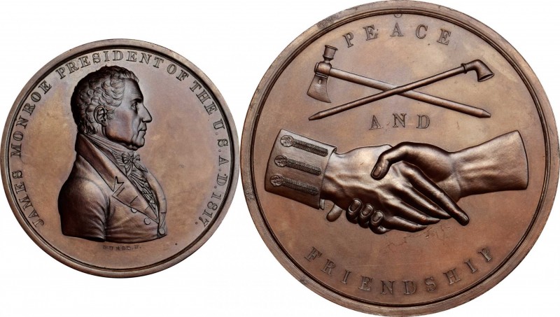 Indian Peace Medals
1817 James Monroe Indian Peace Medal. Copper, Bronzed. Seco...