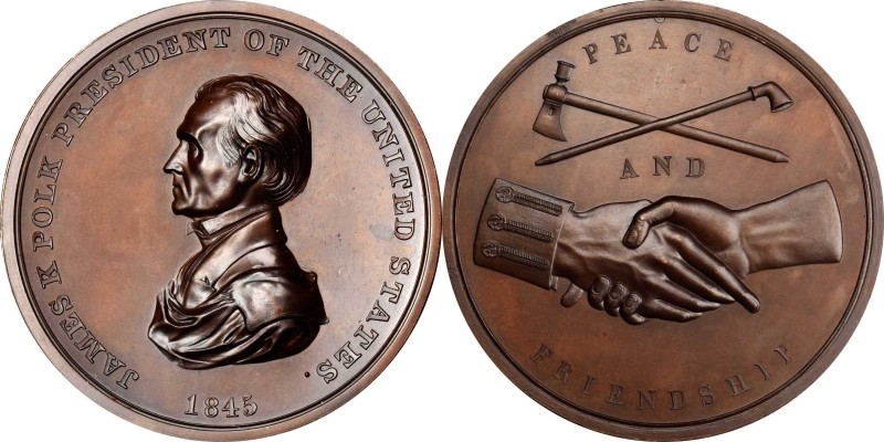 Indian Peace Medals
1845 James K. Polk Indian Peace Medal. Copper, Bronzed. Sec...