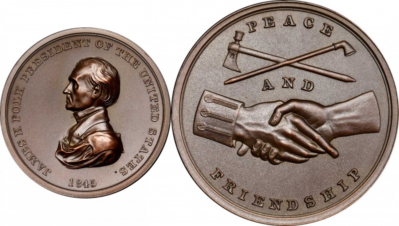 Indian Peace Medals
1845 James K. Polk Indian Peace Medal. Copper, Bronzed. Sec...