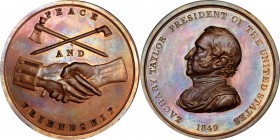 Indian Peace Medals
1849 Zachary Taylor Indian Peace Medal. Bronze. First Size. Second Reverse. Julian IP-27. Prucha-47. MS-62 BN (NGC).
76.1 mm. 42...