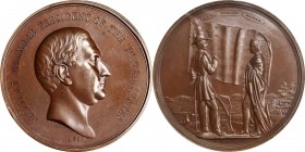 Indian Peace Medals
1850 Millard Fillmore Indian Peace Medal. Copper, Bronzed. Second Size. Julian IP-31, Prucha-48. MS-64 BN (NGC).
63.8 mm. 2148.2...