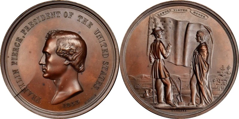 Indian Peace Medals
1853 Franklin Pierce Indian Peace Medal. Copper, Bronzed. S...