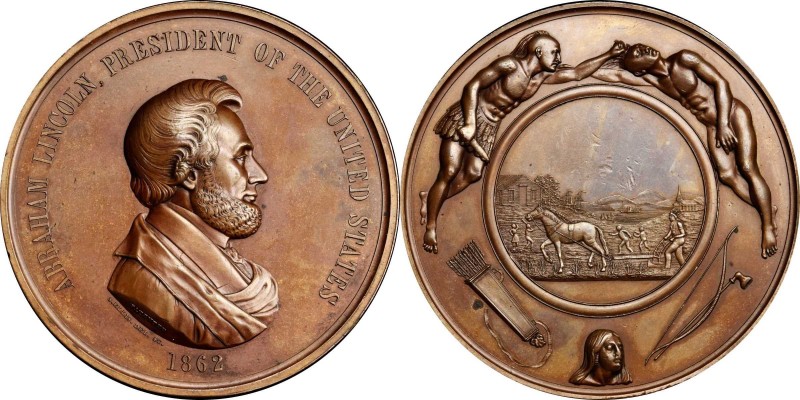 Indian Peace Medals
1862 Abraham Lincoln Indian Peace Medal. Copper, Bronzed. F...