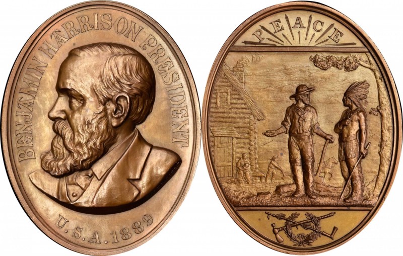 Indian Peace Medals
1889 Benjamin Harrison Indian Peace Medal. Oval. Copper, Br...