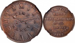 Hard Times Tokens
New York--New York. 1837 Smith's Clock Establishment. HT-313, Low-134, W-NY-940-10a. Rarity-4. Copper. Plain Edge. MS-63 BN (NGC)....