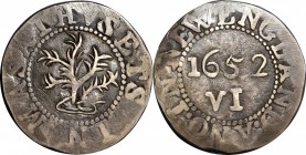 Massachusetts Silver Coinage
1652 Oak Tree Sixpence Copy. Noe-19, Salmon-unlisted, W-390. EF Details — Damage (PCGS). 
52.4 grains. In the Ford XIV ...