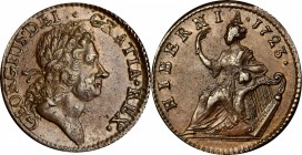Wood's Hibernia Halfpenny
1723 Wood’s Hibernia halfpenny. Martin 4.52-Gc.9, W-13120. Rarity-3. MS-62 BN (PCGS).
97.8 grains. Frosty and lustrous med...