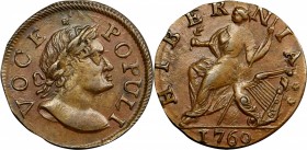 Voce Populi Halfpenny
1760 Voce Populi Halfpenny. Nelson-9, Zelinka 6-C, W-13280. MS-63 BN (PCGS).
93.4 grains. The so-called “Stern Bust” variety. ...
