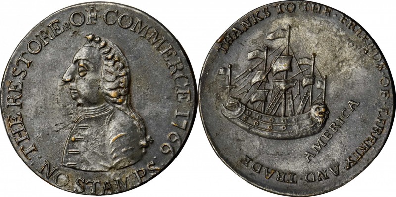 Pitt Halfpenny Token
1766 Pitt Halfpenny Token. Betts-519, W-8350. Silvered. AU...