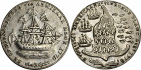 Rhode Island Ship Medal
“1778-1779” (ca. 1780) Rhode Island Ship Medal. Betts-563, W-1745. Wreath Below Ship. Pewter. AU-55 (PCGS).
148.6 grains. A ...