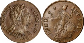 Connecticut Copper
1785 Connecticut Copper. Miller 6.3-G.1, W-2400. Rarity-3. Mailed Bust Right. AU-58+ (PCGS).
131.8 grains. A stellar example of t...