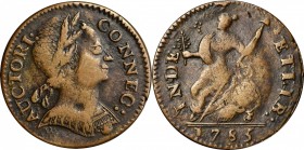 Connecticut Copper
1785 Connecticut Copper. Miller 6.4-I, W-2420. Rarity-2. Mailed Bust Right. VF-35 (PCGS).
134.6 grains. A very nice Connecticut c...