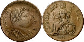 Connecticut Copper
1787 Connecticut Copper. Miller 1.2-C, W-2720. Rarity-3. Mailed Bust Right, Muttonhead, Topless Liberty. EF-40 (PCGS).
130.0 grai...