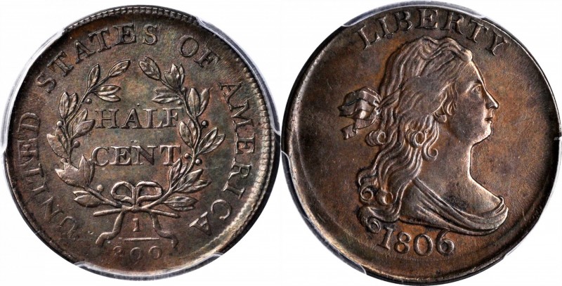 Draped Bust Half Cent
1806 Draped Bust Half Cent. C-4. Rarity-1. Large 6, Stems...