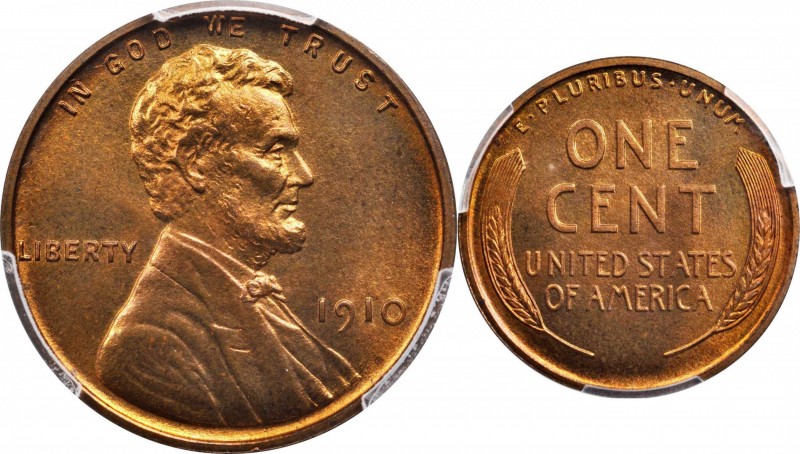 Lincoln Cent
1910 Lincoln Cent. Proof-67 RB (PCGS).
Delightful satin surfaces ...