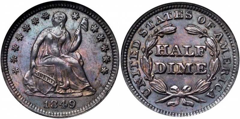 Liberty Seated Half Dime
1849 Liberty Seated Half Dime. MS-64 (NGC). OH.
Peach...