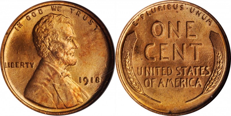 Lincoln Cent
1918 Lincoln Cent. MS-65 RD (NGC).
A beautiful golden-orange Gem ...