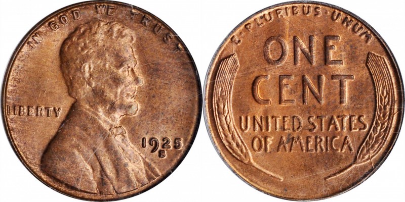 Lincoln Cent
1925-S Lincoln Cent. MS-64 RB (PCGS). CAC. OGH.
This handsome pie...