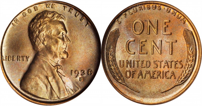 Lincoln Cent
1938-D Lincoln Cent. MS-67 RD (NGC). OH.
Gorgeous deep rose color...