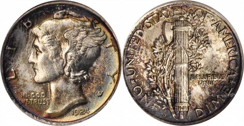 Mercury Dime
1924-D Mercury Dime. MS-65 (NGC). OH.
Mottled rose-russet and blu...