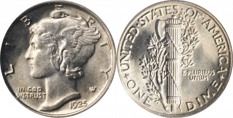 Mercury Dime
1925 Mercury Dime. MS-65 FB (PCGS).
A brilliant and frosty Gem wi...