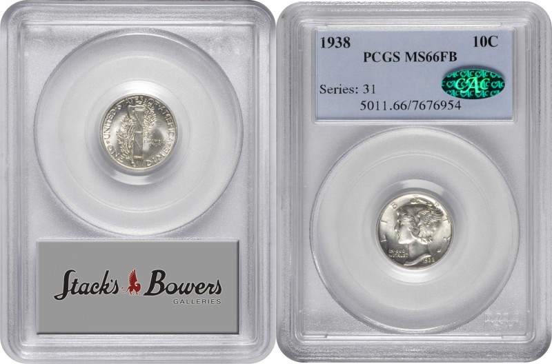 Mercury Dime
1938 Mercury Dime. MS-66 FB (PCGS). CAC.
Brilliant frosty surface...