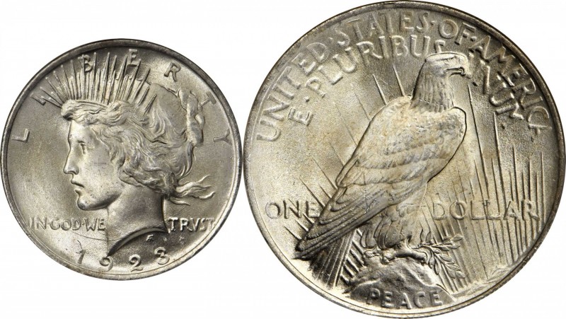 Peace Silver Dollar
1923 Peace Silver Dollar. MS-65 (NGC).
Highly lustrous fro...