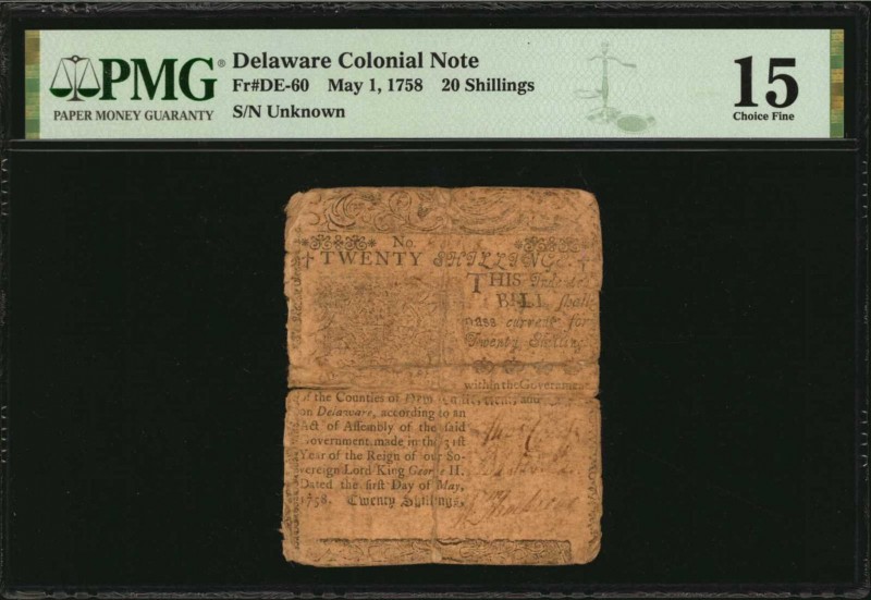 Colonial Notes
DE-60. Delaware. May 1, 1758. 20 Shillings. PMG Choice Fine 15....