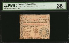 Colonial Notes
GA-110a. Georgia. June 8, 1777. $8. PMG Choice Very Fine 35.
No. 8. Signed by Wood, Langworthy, Wylly, O'Bryen and Wade. A modestly c...
