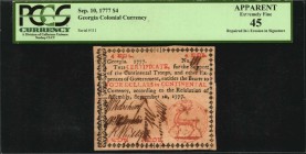 Colonial Notes
GA-117. Georgia. September 10, 1777. $4. PCGS Currency Extremely Fine 45 Apparent. Repaired Ink Erosion in Signature.
Solid number 11...