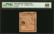 Colonial Notes
MA-269. Massachusetts. 1779. 2 Shillings, 6 Pence. PMG Extremely Fine 40.
No. 2582. Signed by Jonathan Brown. Rising Sun vignette. Th...